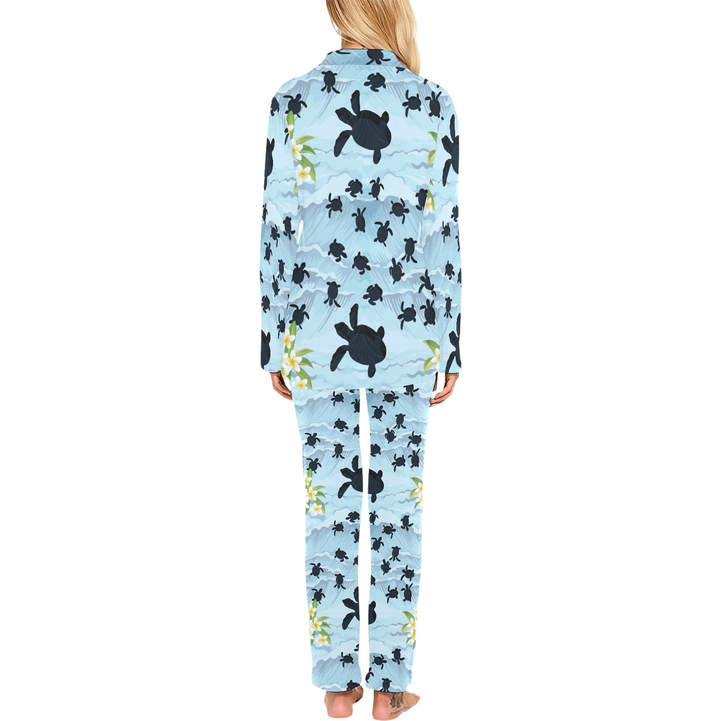 Sea Turtle Pattern Print Design T011 Women's Long Pajama Set
