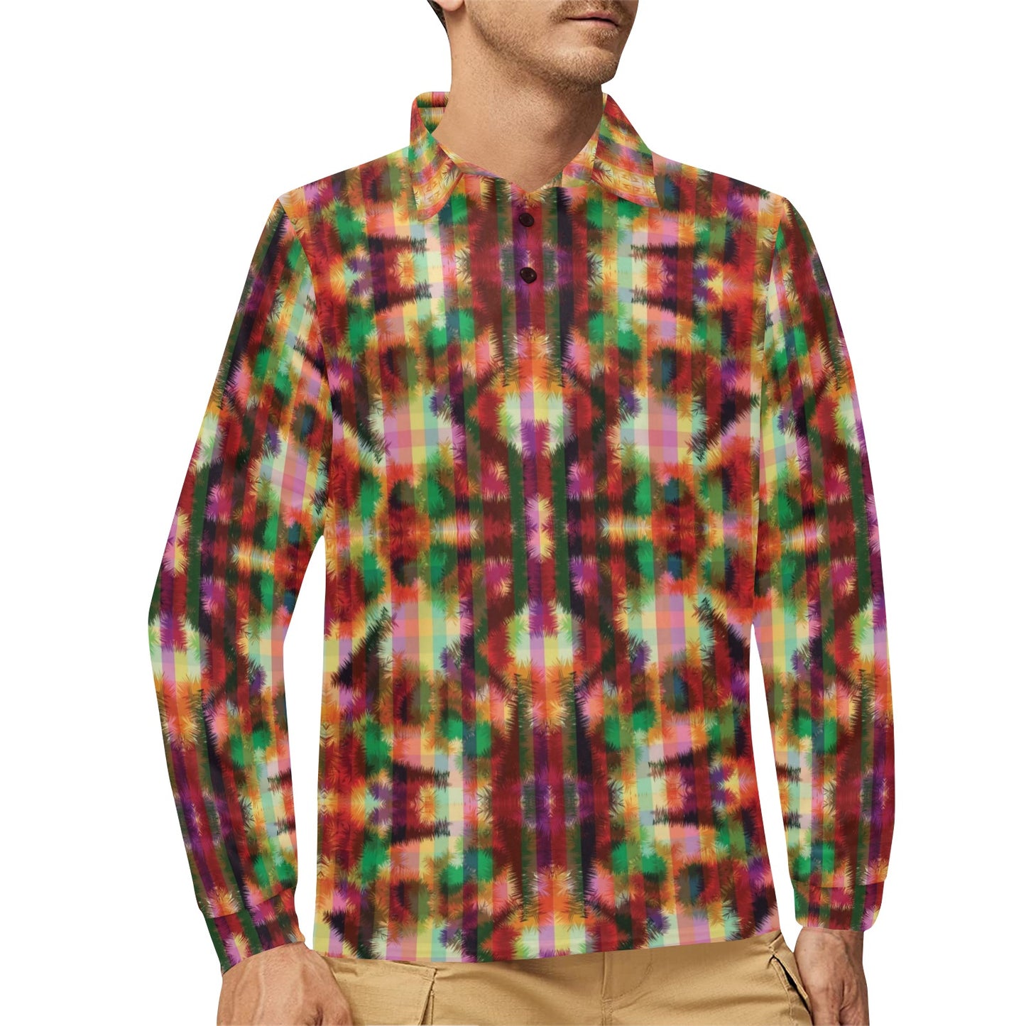 Tie Dye Print Design LKS301 Long Sleeve Polo Shirt For Men's