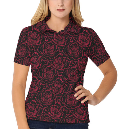 Red Rose Design Print Women's Polo Shirt