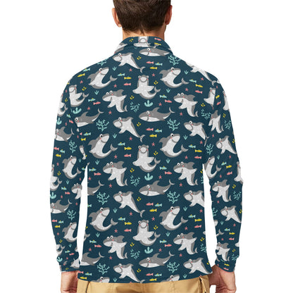 Shark Print Design LKS307 Long Sleeve Polo Shirt For Men's