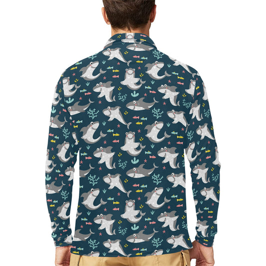 Shark Print Design LKS307 Long Sleeve Polo Shirt For Men's