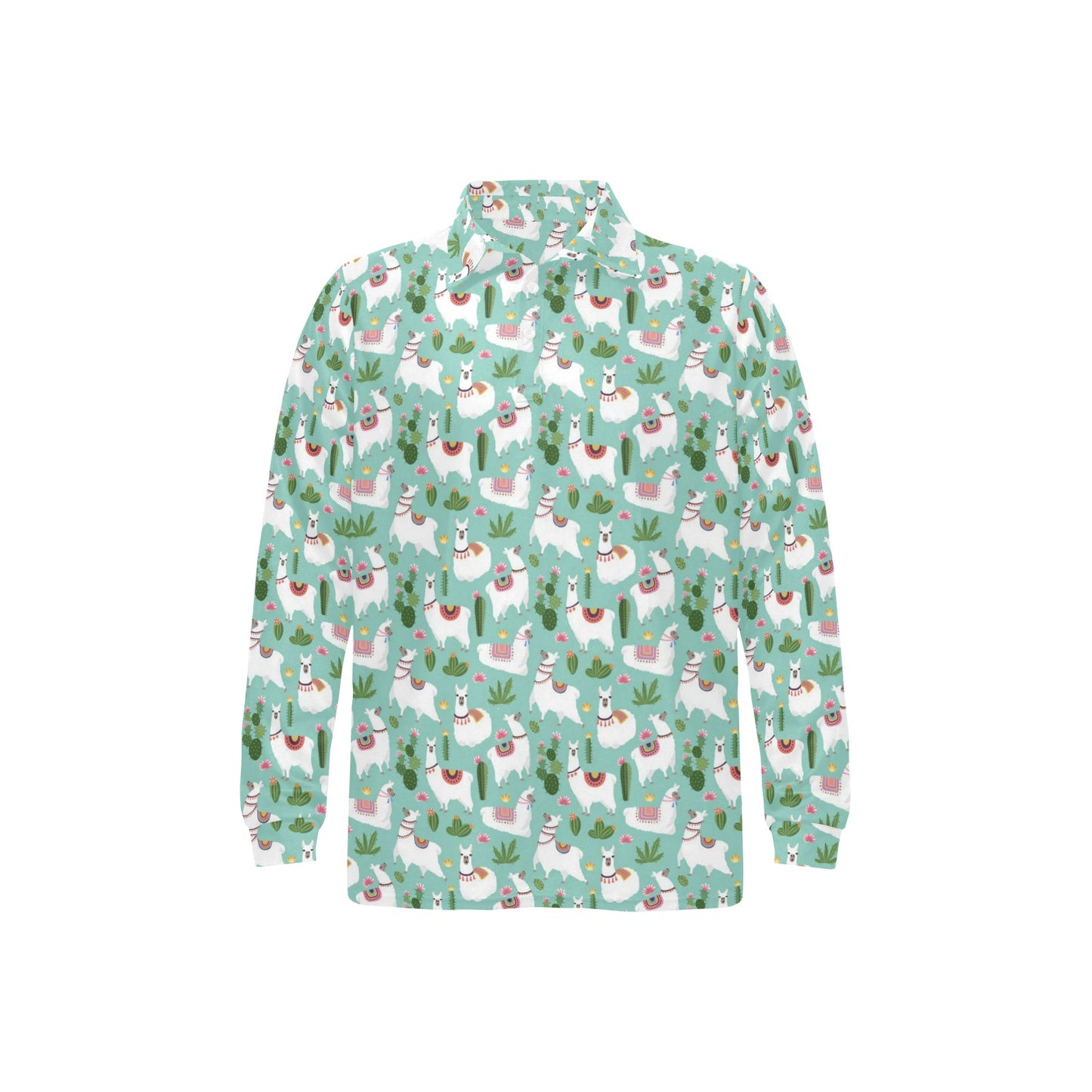 Llama with Cactus Themed Print Long Sleeve Polo Shirt For Men's