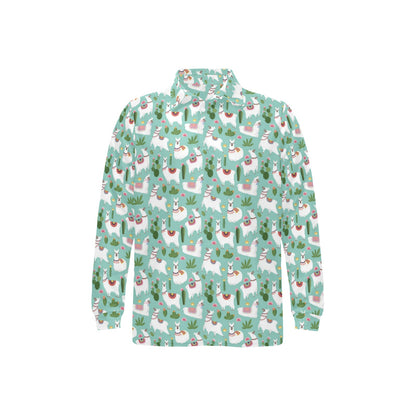 Llama with Cactus Themed Print Long Sleeve Polo Shirt For Men's