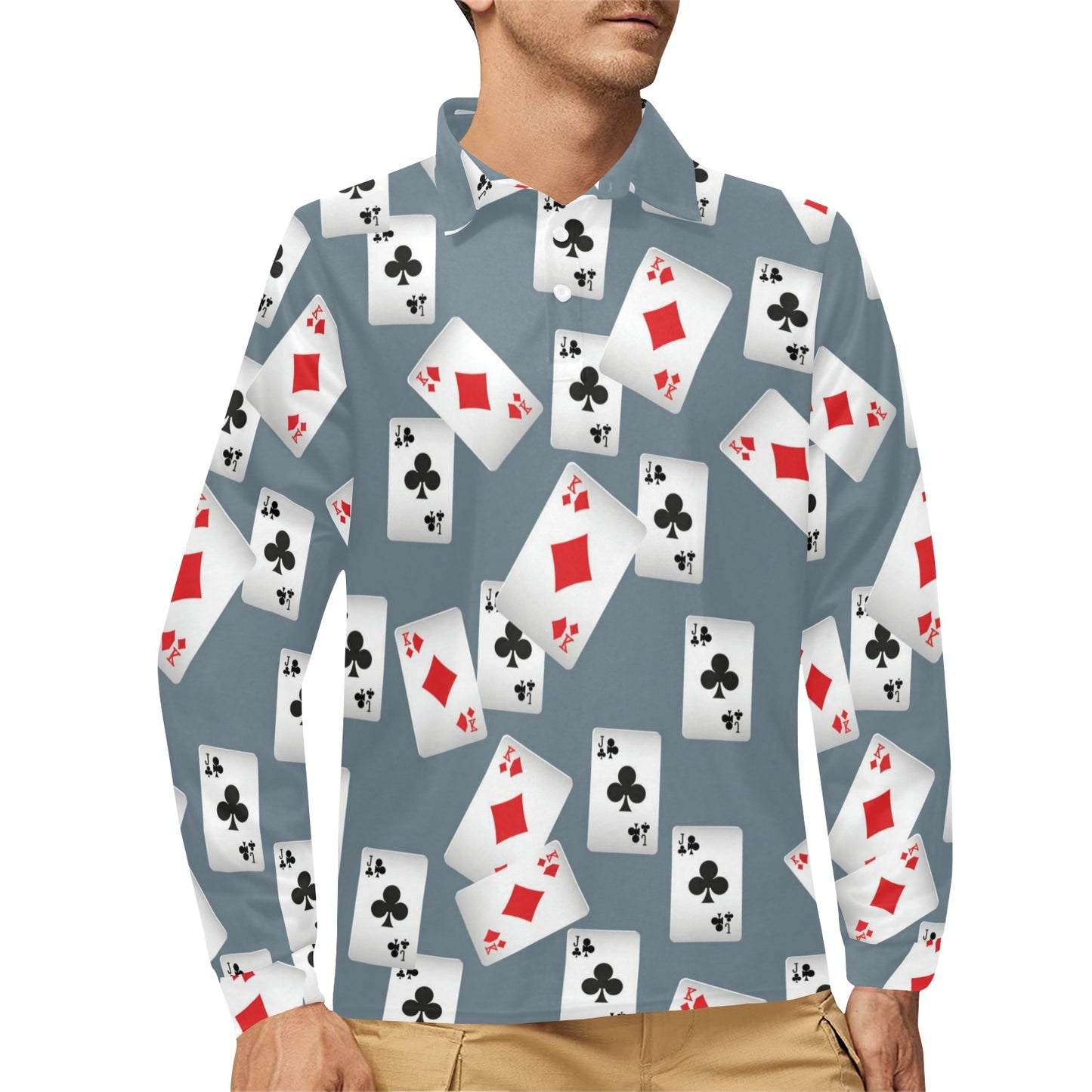 Poker Cards Pattern Print Design A05 Long Sleeve Polo Shirt For Men's