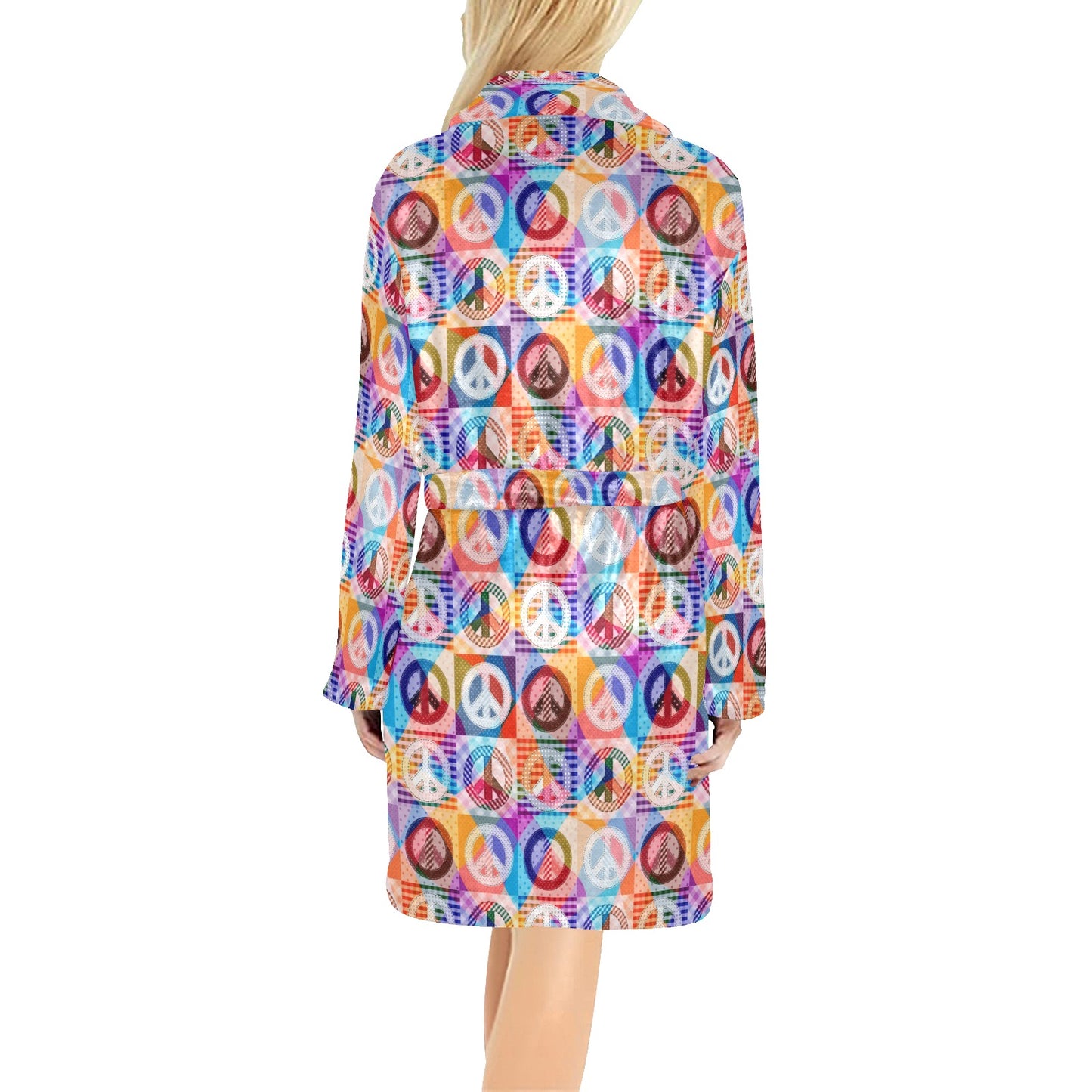 Peace Sign Patchwork Design Print Women's Fleece Robe