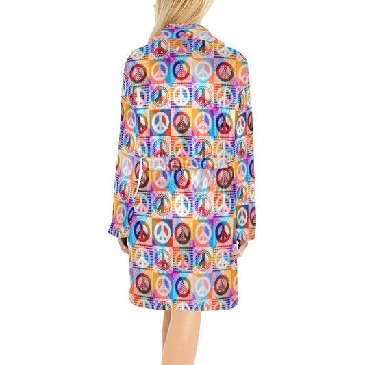 Peace Sign Patchwork Design Print Women's Fleece Robe