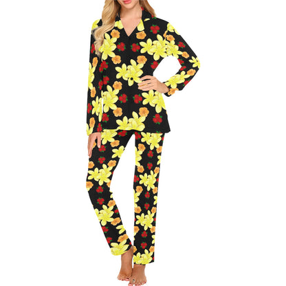 Yellow Plumeria Pattern Print Design PM04 Women's Long Pajama Set