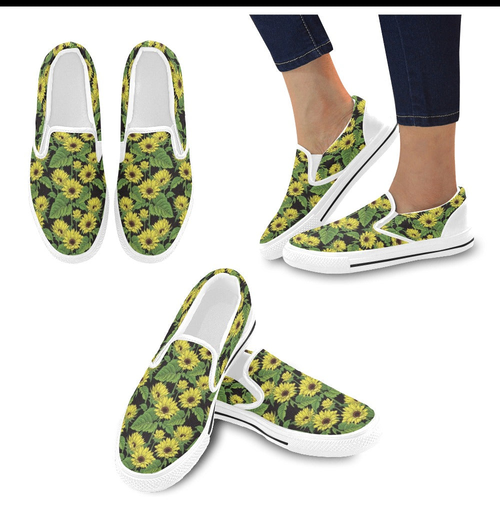 Sunflower Print Design LKS3010 White Slip Ons Canvas Women's Shoes