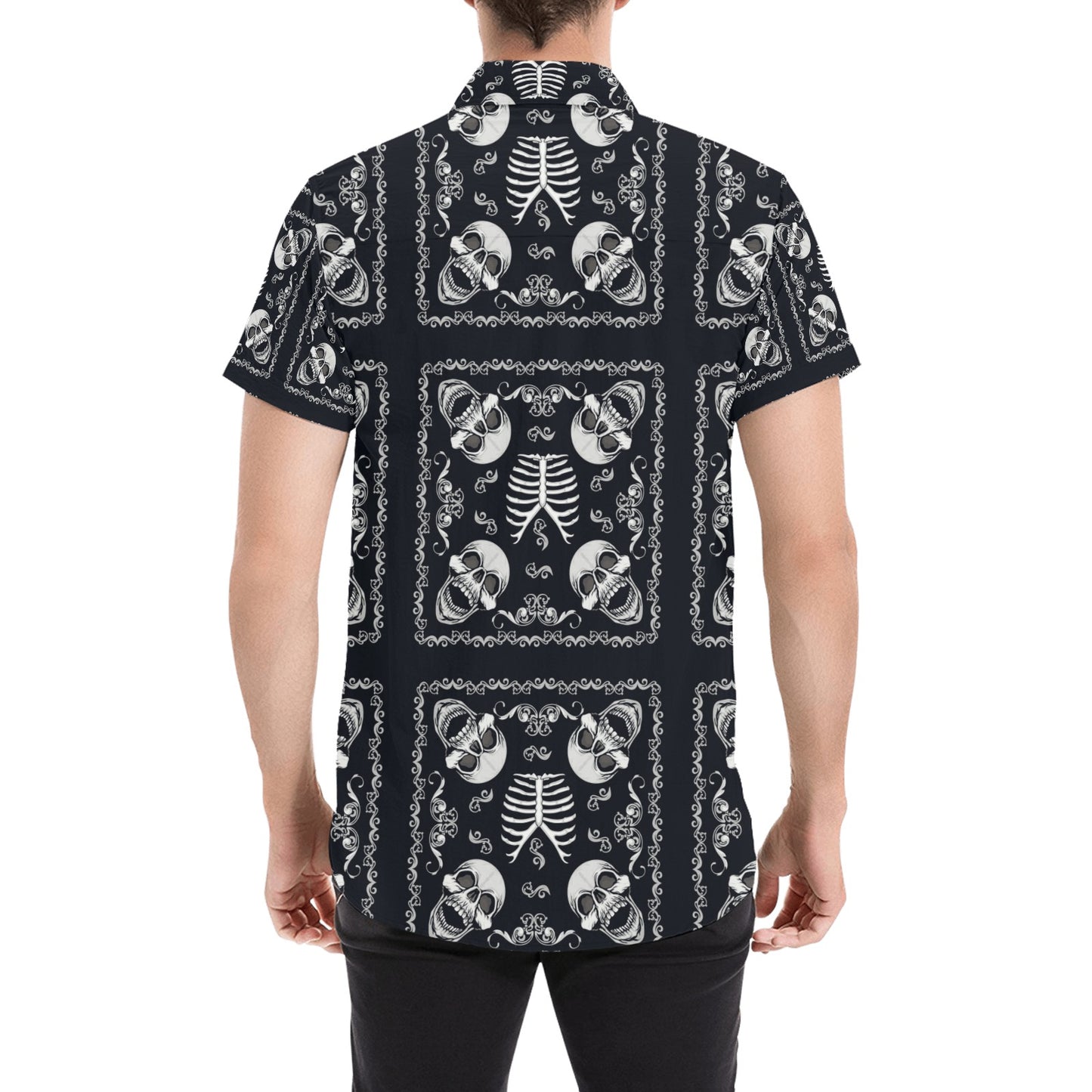 Bandana Skull Black White Print Design LKS306 Men Short Sleeve Button Up Shirt