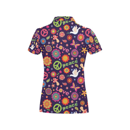 Flower Power Peace Design Print Women's Polo Shirt
