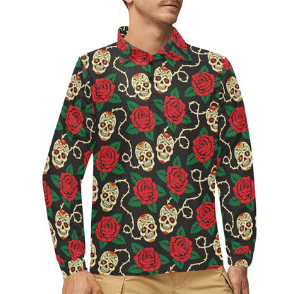 Sugar Skull Red Rose Print Design LKS301 Long Sleeve Polo Shirt For Men's