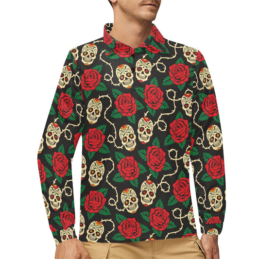 Sugar Skull Red Rose Print Design LKS301 Long Sleeve Polo Shirt For Men's