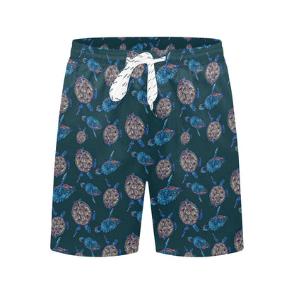 Sea Turtle Hand Drawn Blue Print Men's Swim Trunks Beach Shorts