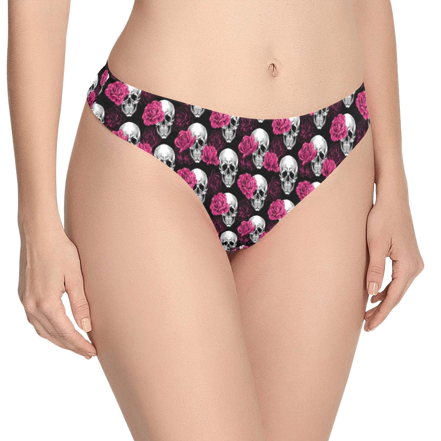 Pink Rose Skull Themed Print Women's Thongs