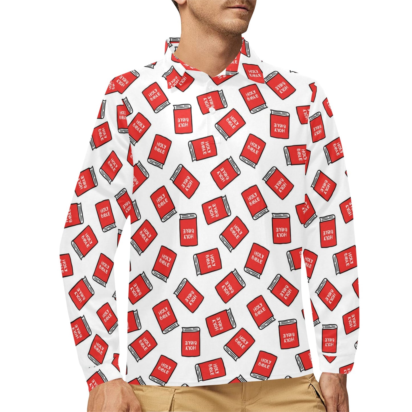 Bible Pattern Print Design 03 Long Sleeve Polo Shirt For Men's