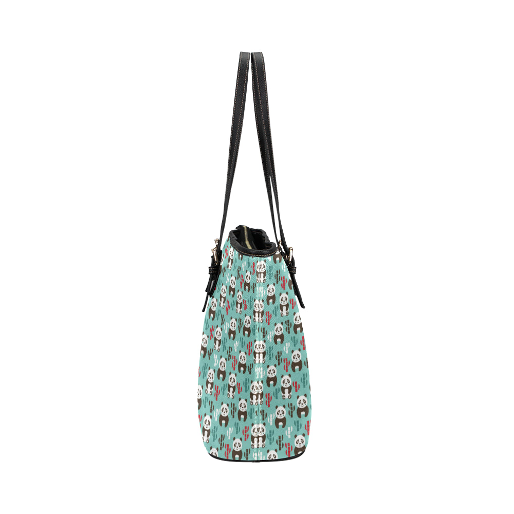 Panda Bear Cute Themed Print Leather Tote Bag