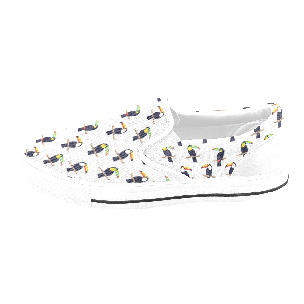 Toucan Print Design LKS305 White Slip Ons Canvas Women's Shoes