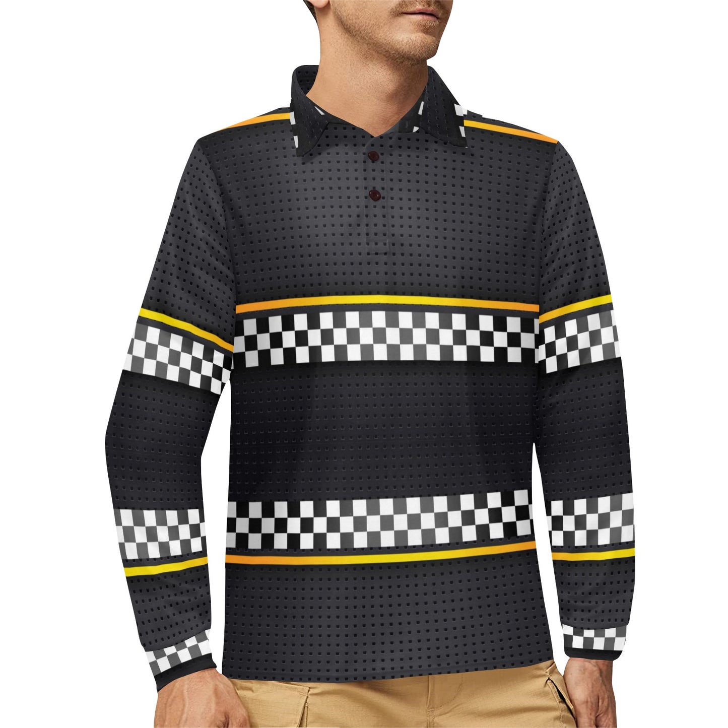 Checkered Flag Yellow Line Style Long Sleeve Polo Shirt For Men's