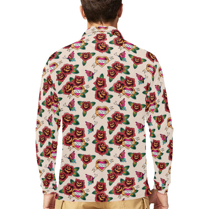 Tattoo Rose Print Design LKS302 Long Sleeve Polo Shirt For Men's