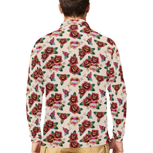 Tattoo Rose Print Design LKS302 Long Sleeve Polo Shirt For Men's