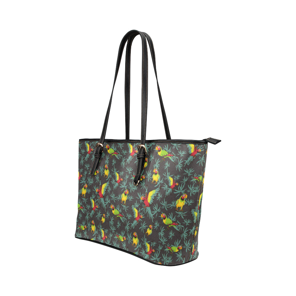 Parrot Themed Print Leather Tote Bag