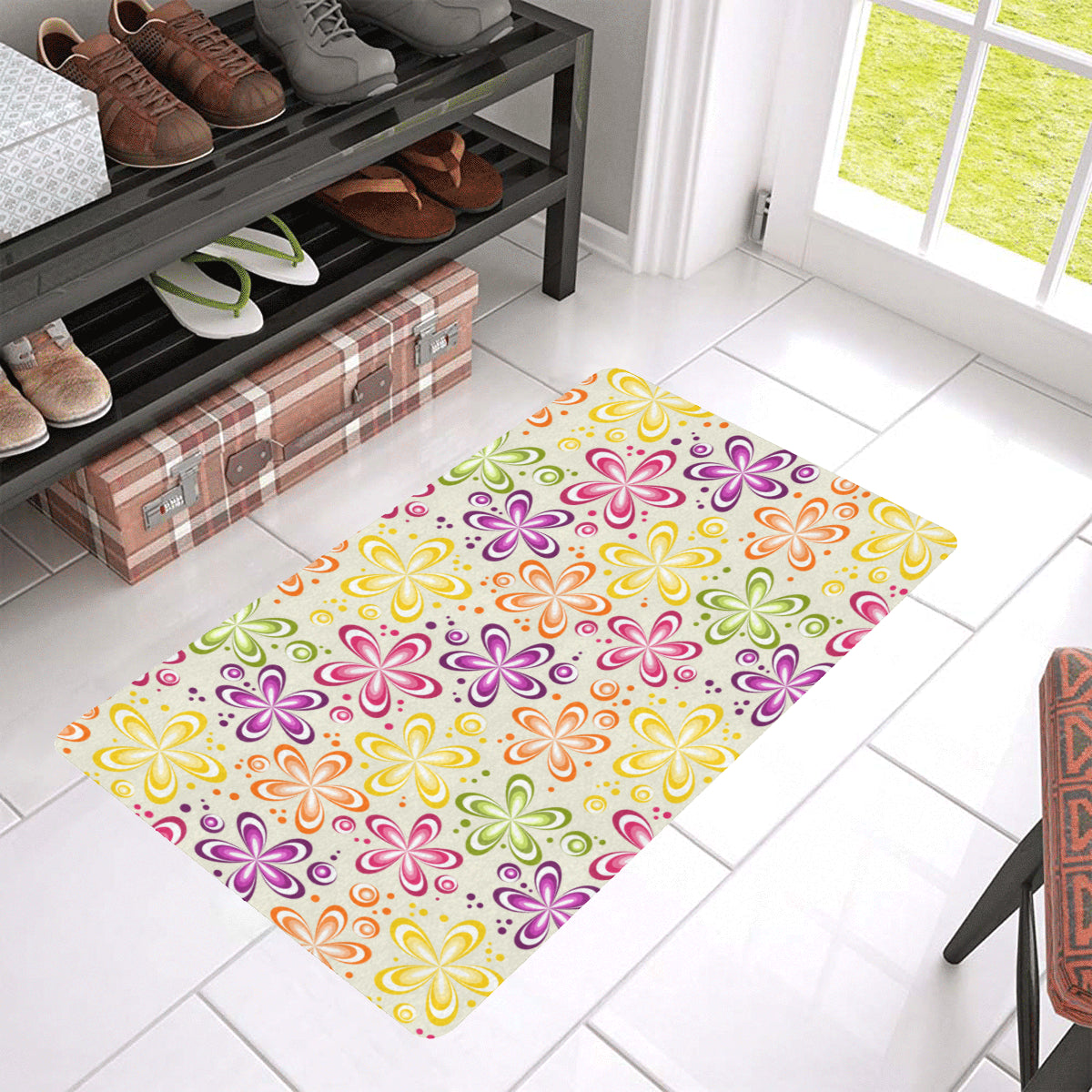 Flower Power Colorful Design Print Rubber Doormat