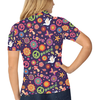 Flower Power Peace Design Print Women's Polo Shirt