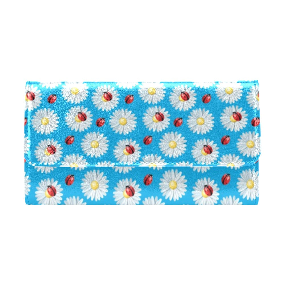 Ladybug with Daisy Themed Print Pattern Women's Trifold Wallet
