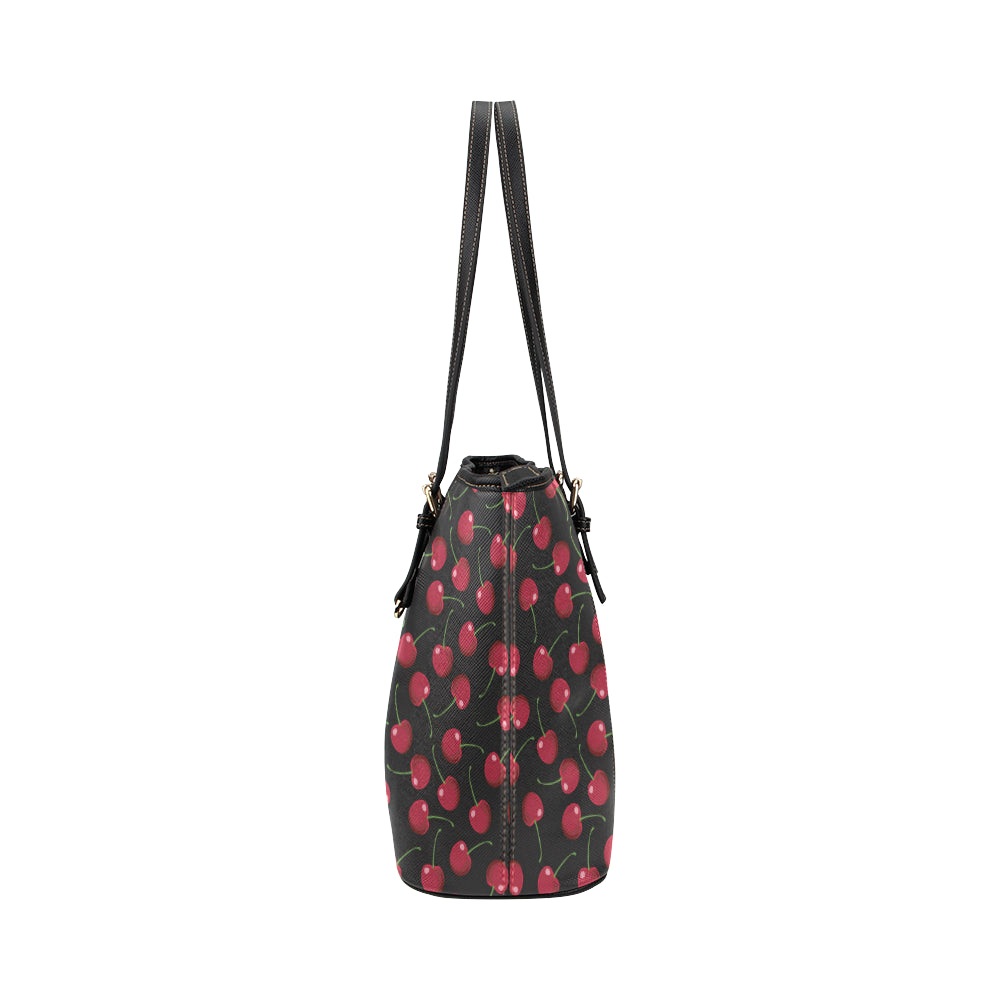 Cherry Black Background Leather Tote Bag