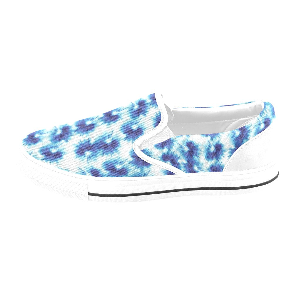 Tie Dye Blue Print Design LKS305 White Slip Ons Canvas Women's Shoes