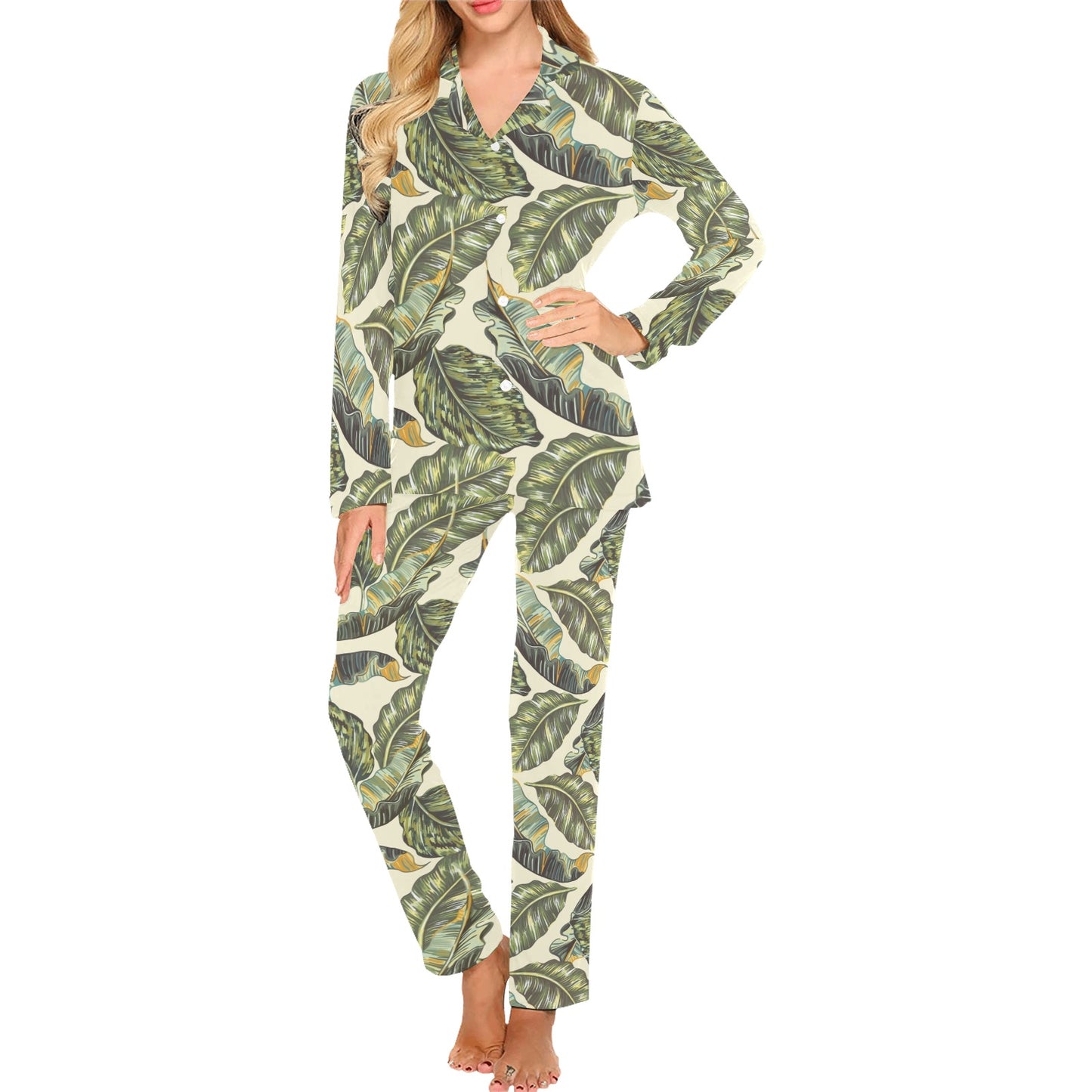 Banana Leaf Pattern Print Design BL08 Women's Long Pajama Set