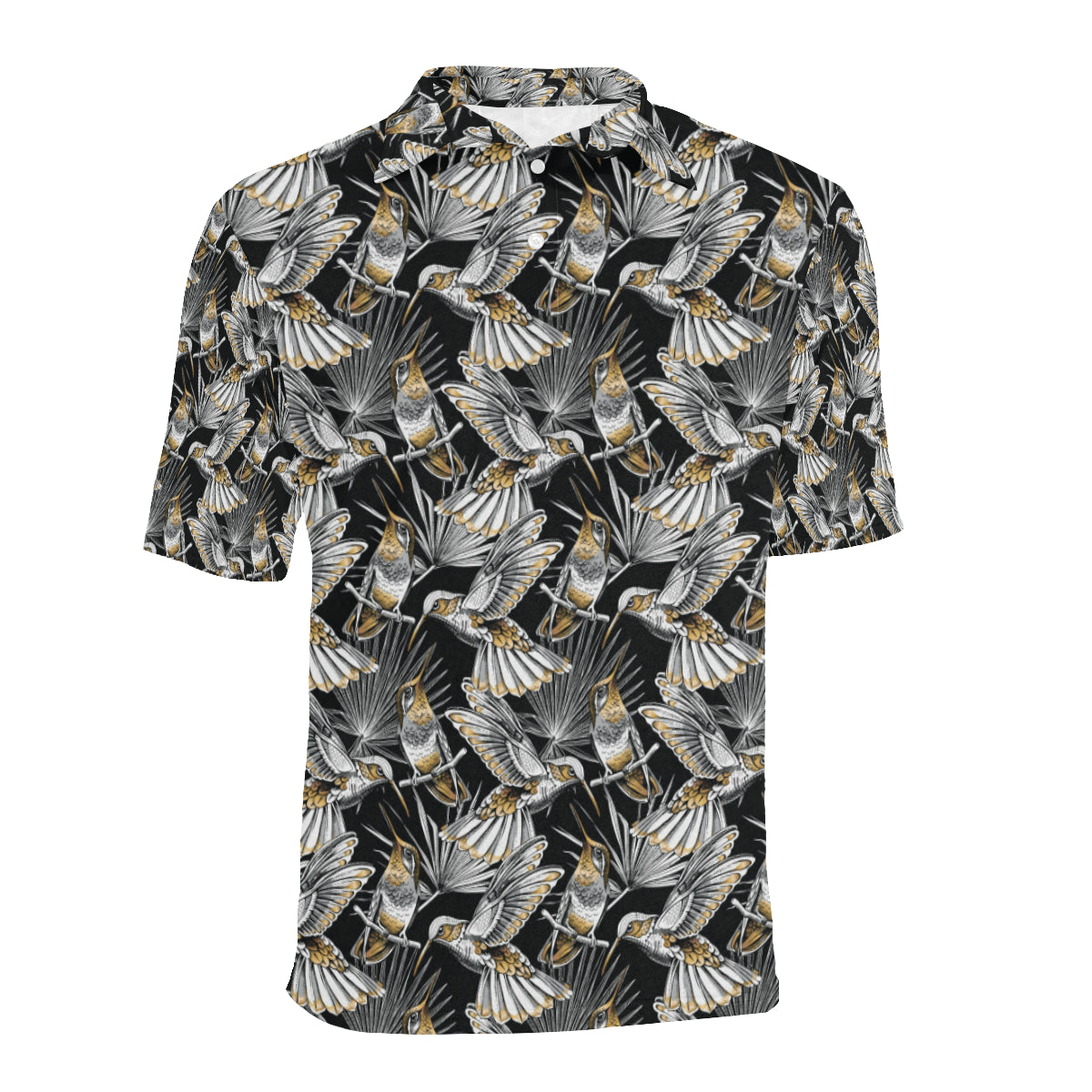 Hummingbird Gold Design Themed Print Men Polo Shirt
