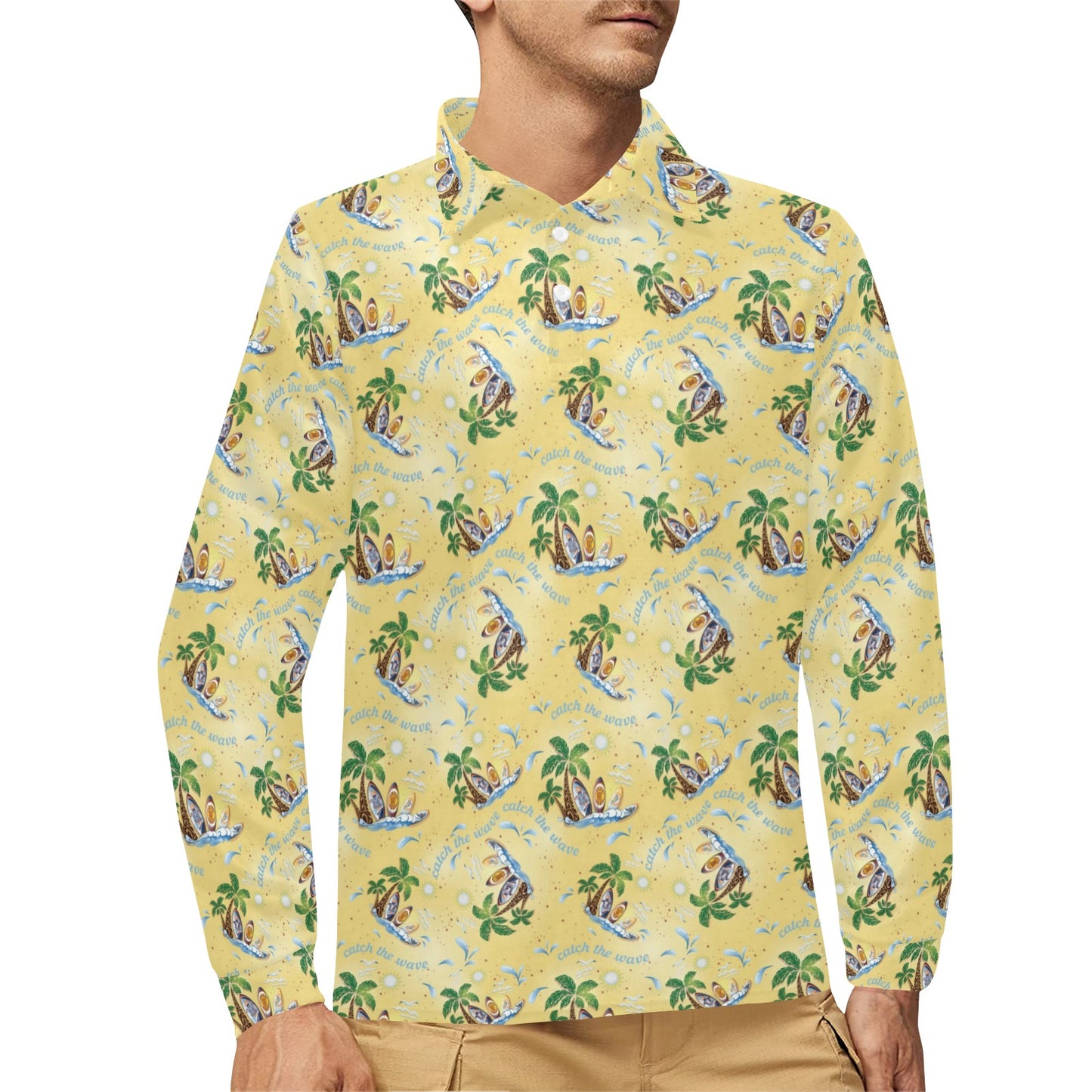 Surf Catch the Wave Design Long Sleeve Polo Shirt For Men's