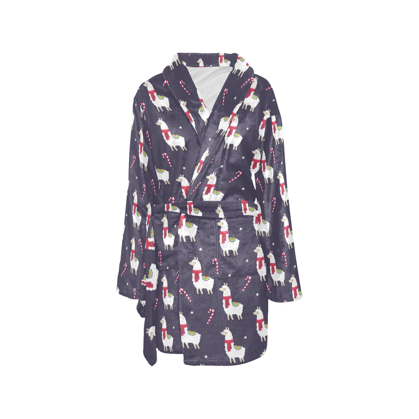 Llama with Candy Cane Themed Print Women's Fleece Robe