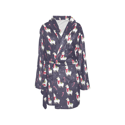 Llama with Candy Cane Themed Print Women's Fleece Robe