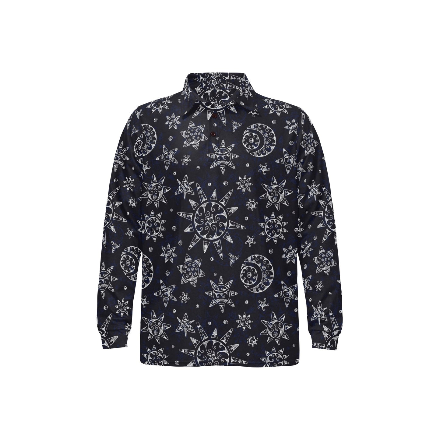 Sun Moon Pattern Long Sleeve Polo Shirt For Men's