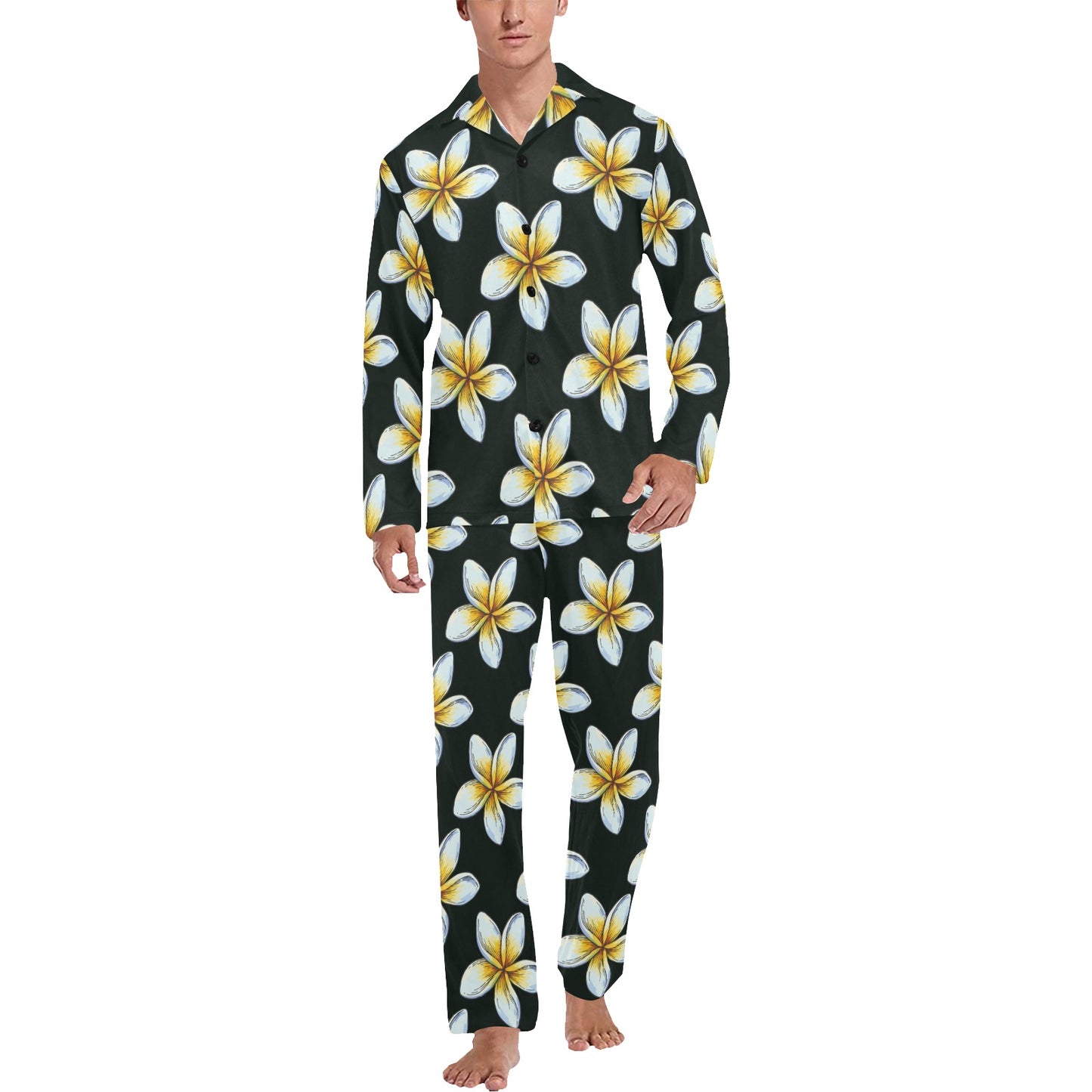 White Plumeria Pattern Print Design PM022 Men's Long Pajama Set