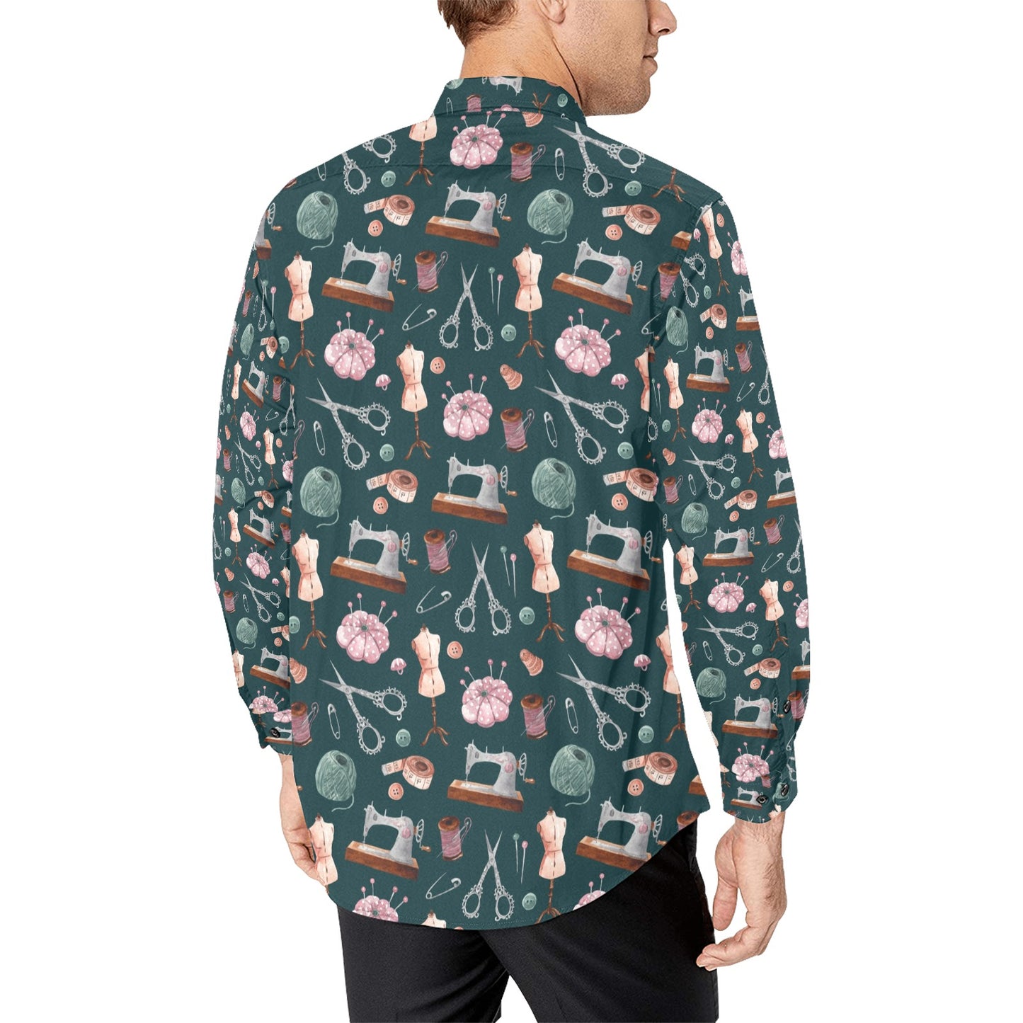 Sewing Equipment Print Design LKS307 Men's Long Sleeve Dress Shirt