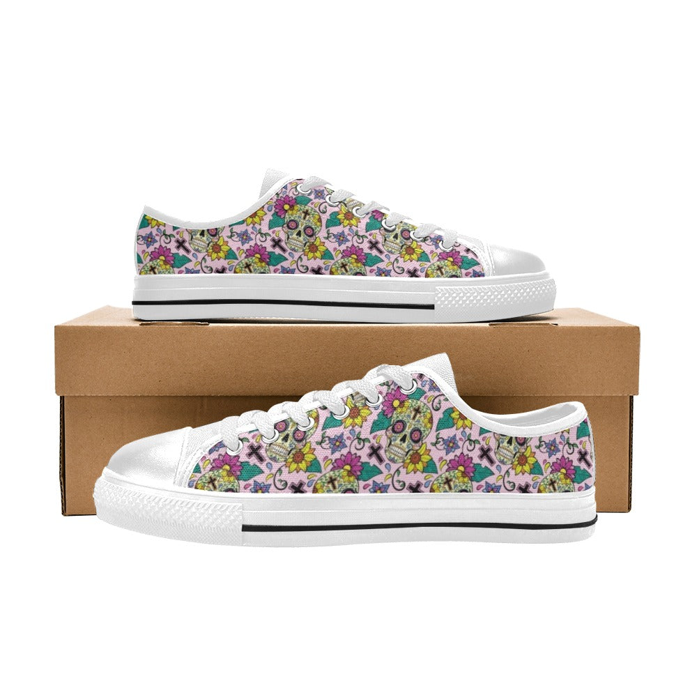 Sugar Skull Print Design LKS307 Women's White Low Top Shoes