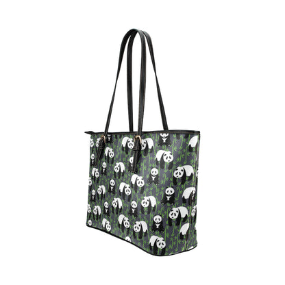Panda Bear Bamboo Themed Print Leather Tote Bag