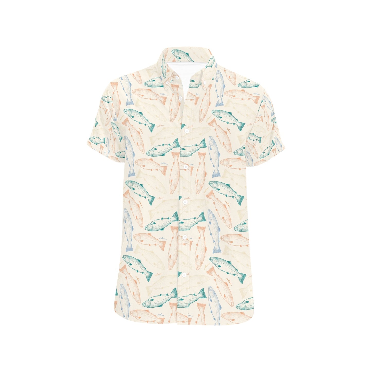 Salmon Fish Print Design LKS305 Men Short Sleeve Button Up Shirt