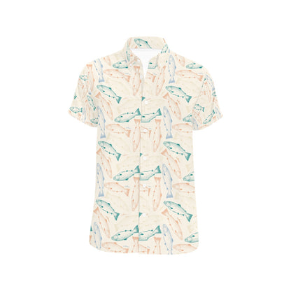 Salmon Fish Print Design LKS305 Men Short Sleeve Button Up Shirt