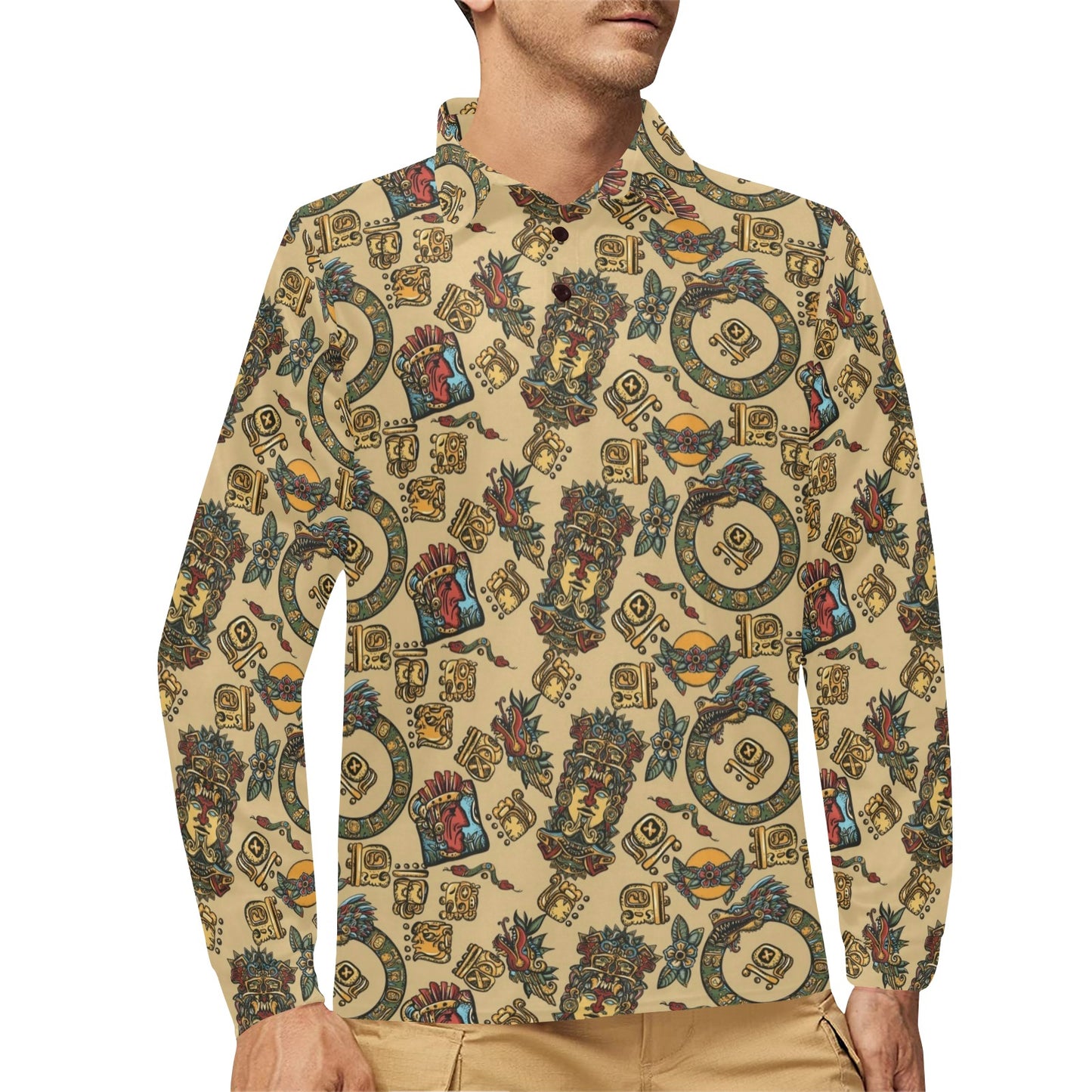 Totem Print Design LKS305 Long Sleeve Polo Shirt For Men's