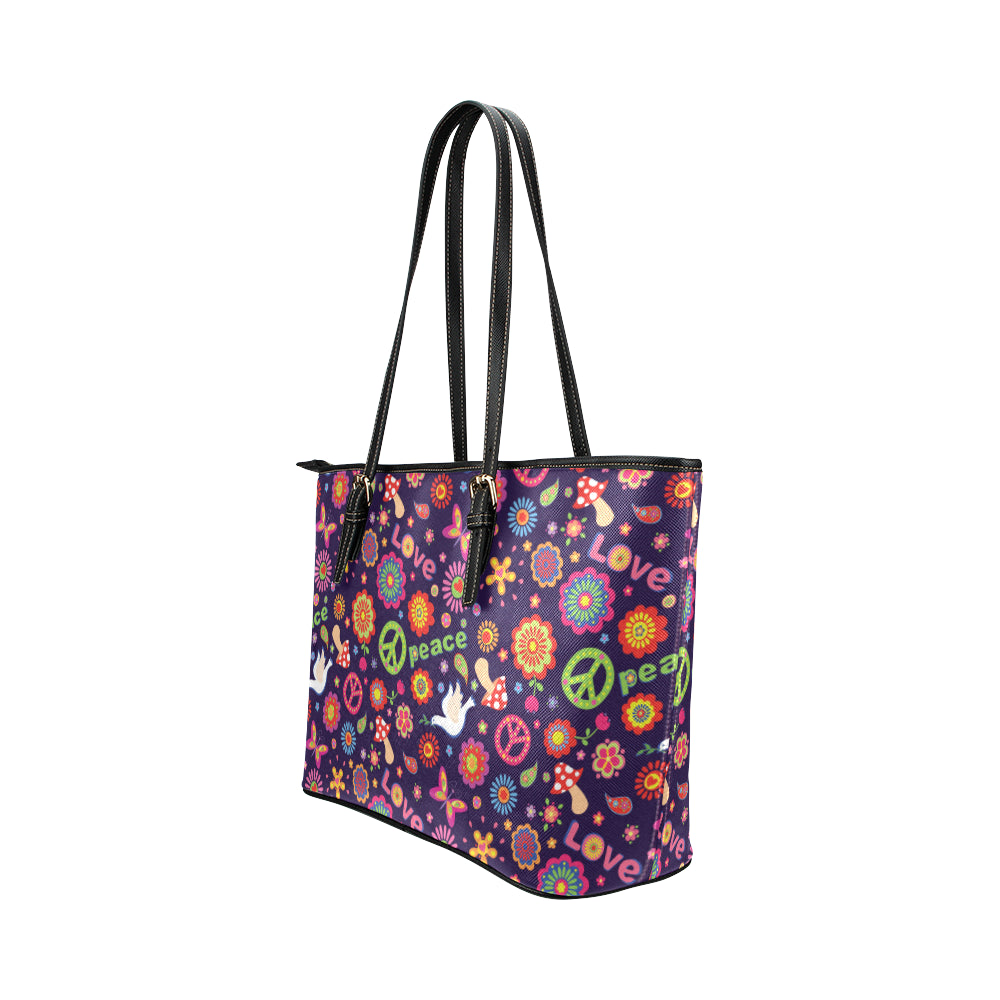 Flower Power Peace Design Print Leather Tote Bag