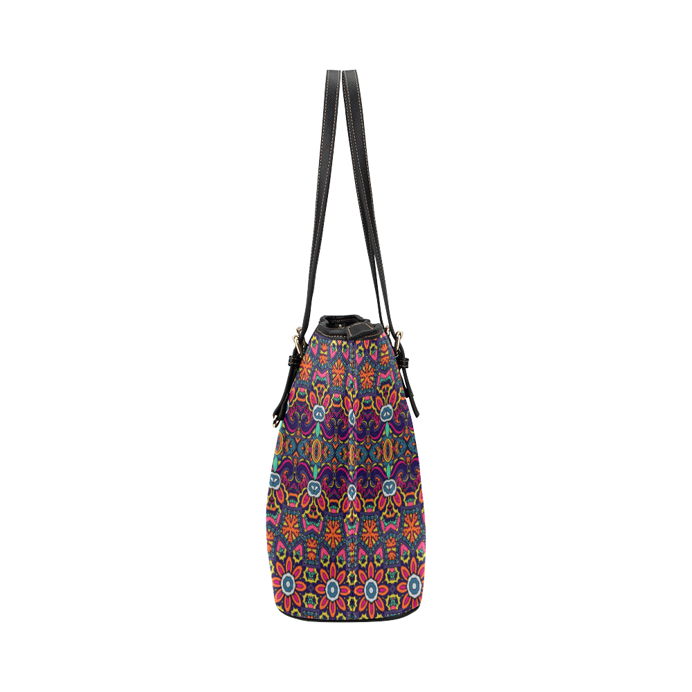 Ethnic Flower Style Print Pattern Leather Tote Bag