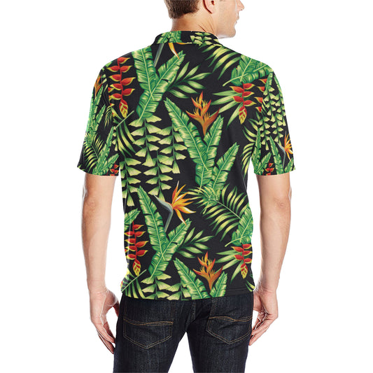 Hawaiian Flower Tropical Palm Leaves Men Polo Shirt