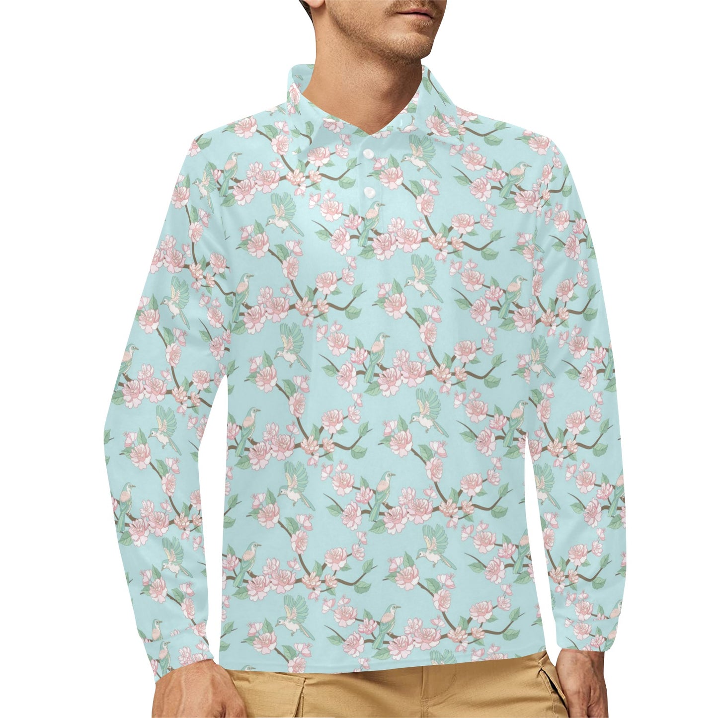 Cherry Blossom Pattern Print Design 02 Long Sleeve Polo Shirt For Men's