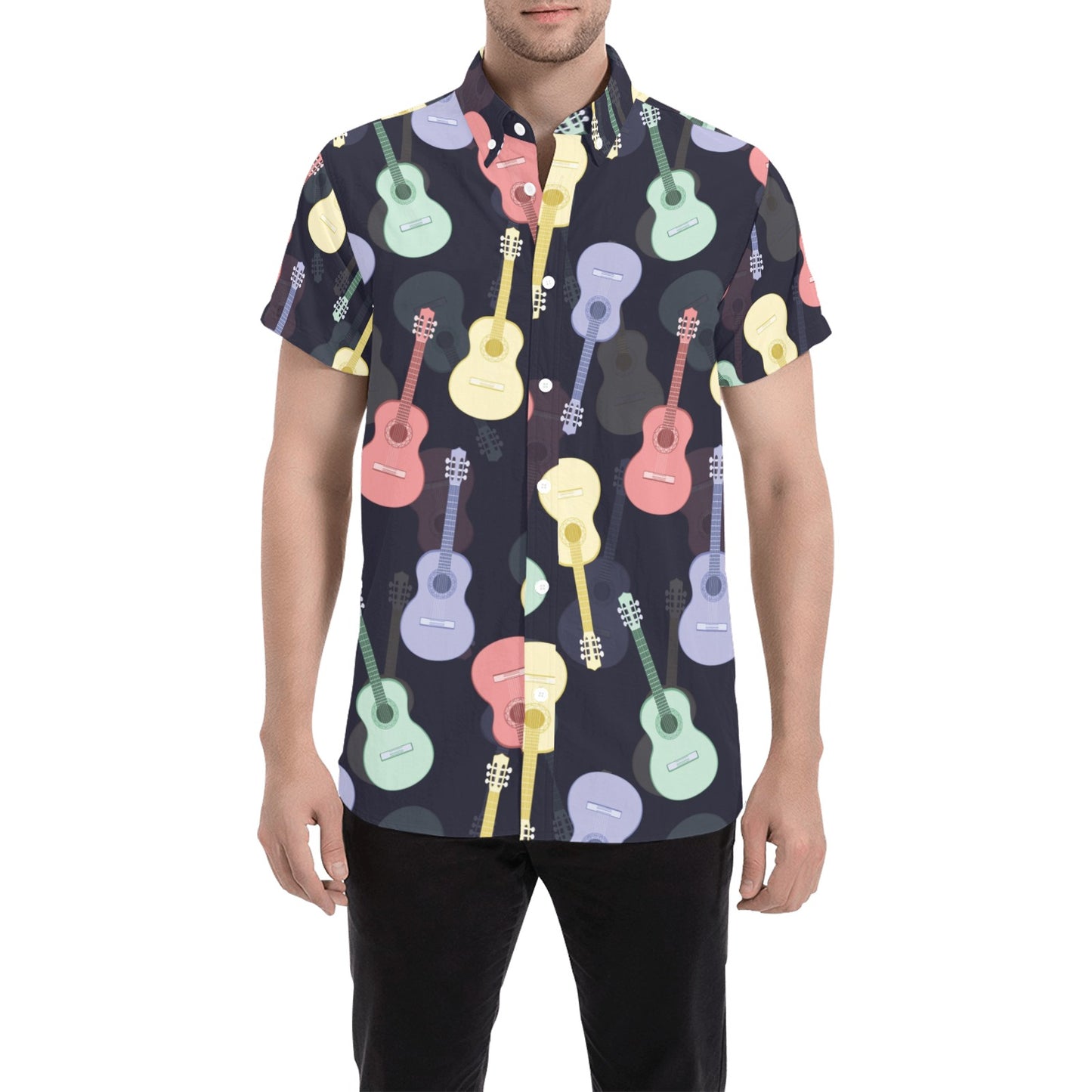 Acoustic Guitar Print Design LKS401 Men Short Sleeve Button Up Shirt