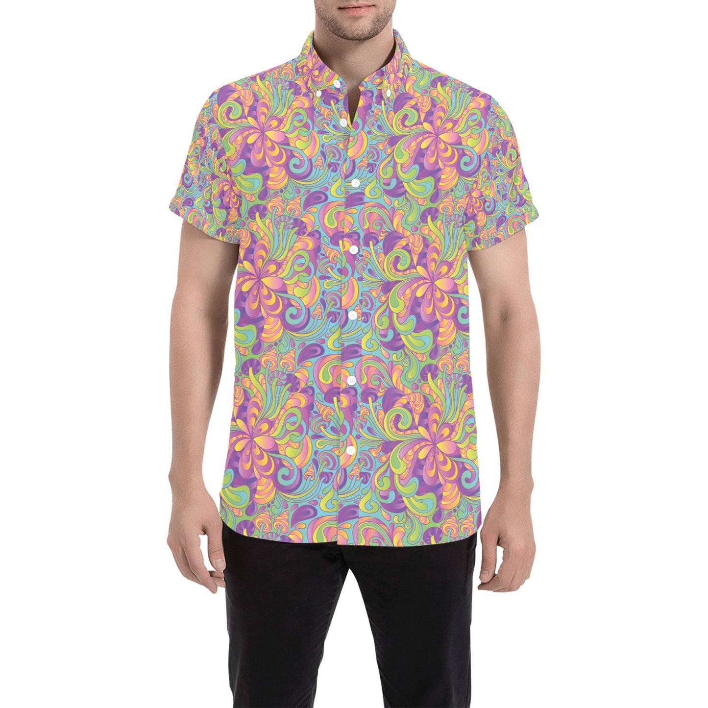 Trippy Print Design LKS306 Men Short Sleeve Button Up Shirt