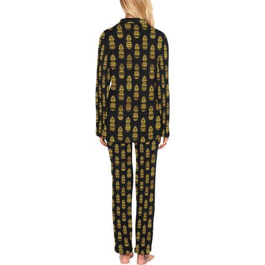 Pineapple Gold Tribal Style Print Women's Long Pajama Set